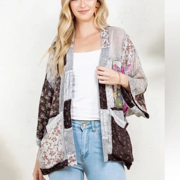 Young Threads Patchwork Boho Kimono Cardigan - Slate Floral & Paisley - Picture 3 of 7